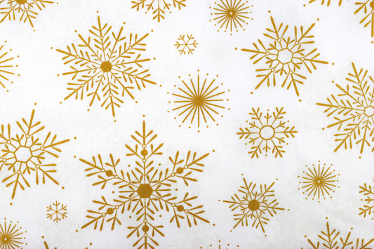 White Snowflake fabric, Christmas Quilting fabric, metallic gold snowflakes - price by the half metre