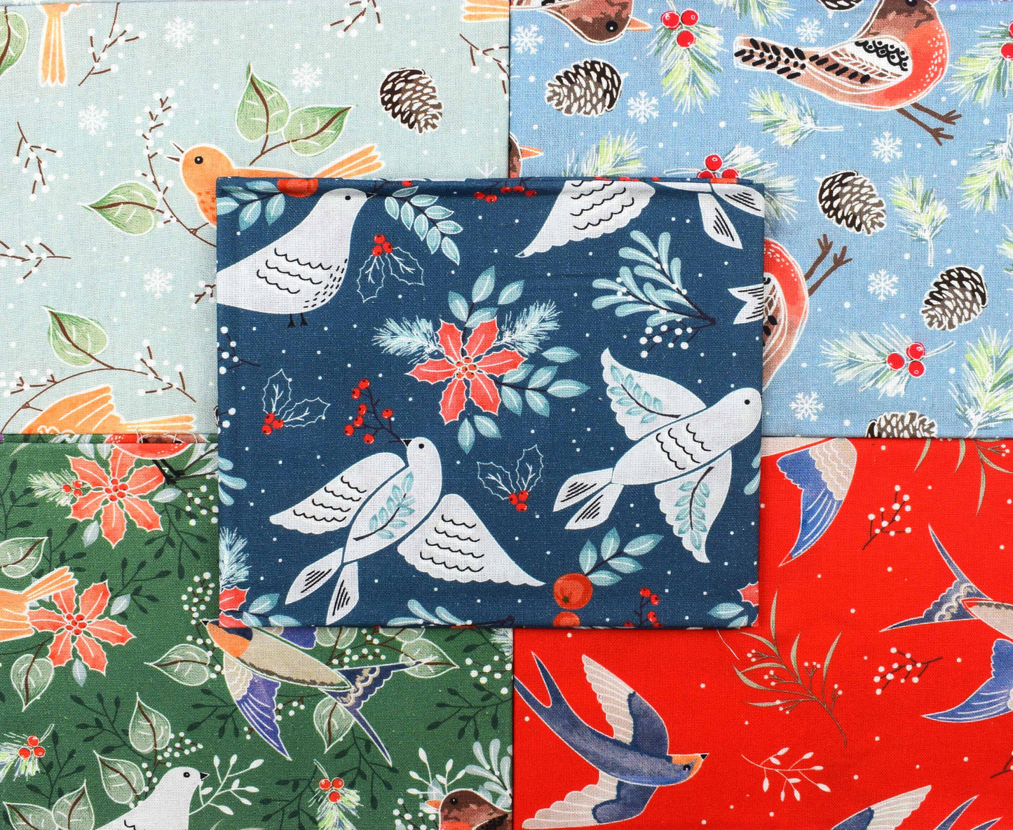 Christmas birds fat Quarter Bundle, Cotton Quilting Fabric