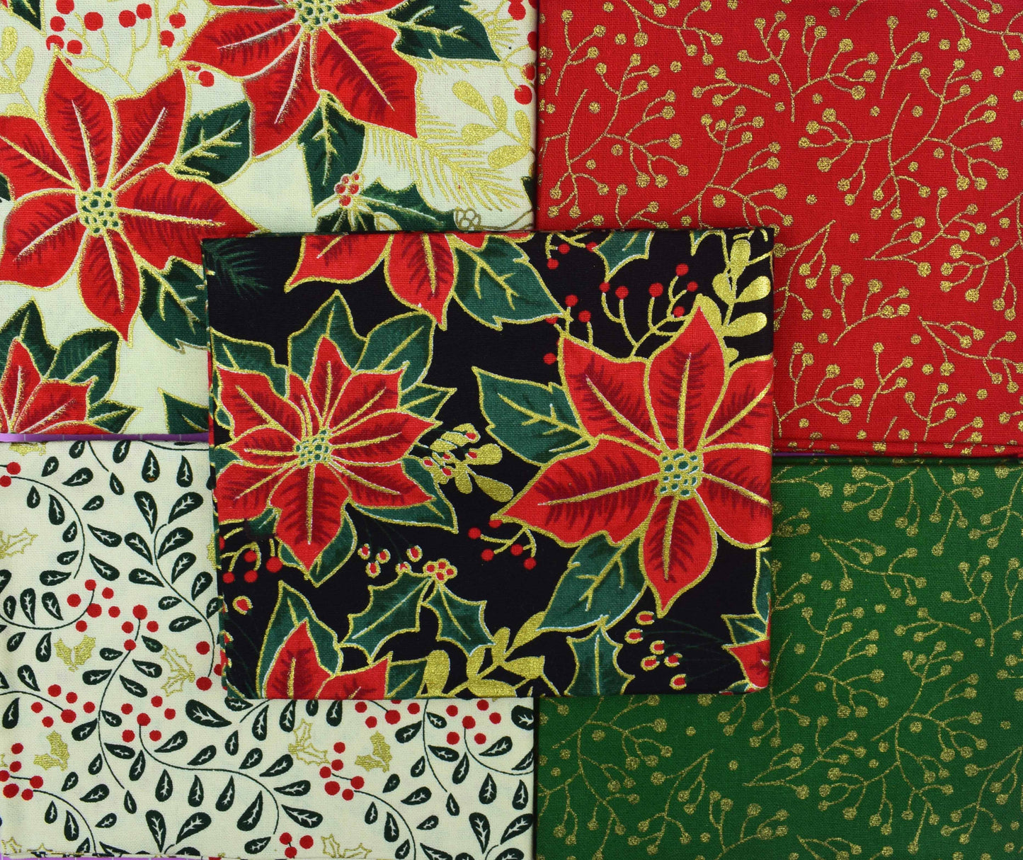 Black Poinsettia Fat Quarter Bundle, Quilting Fabric, Cotton Christmas Fabric, metallic fabric