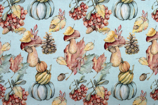 Autumn fabric,  mushrooms and pumpkins, Quilting fabric, cotton fabric, falling leaves -  Price by the Half Metre